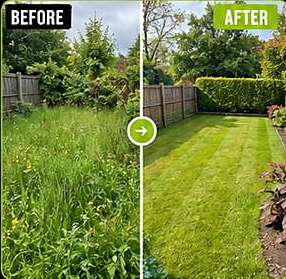 Before and after: an overgrown lawn transformed into neat green stripes