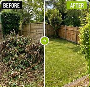 Before and after: a pile of garden waste cleared to reveal a clean lawn