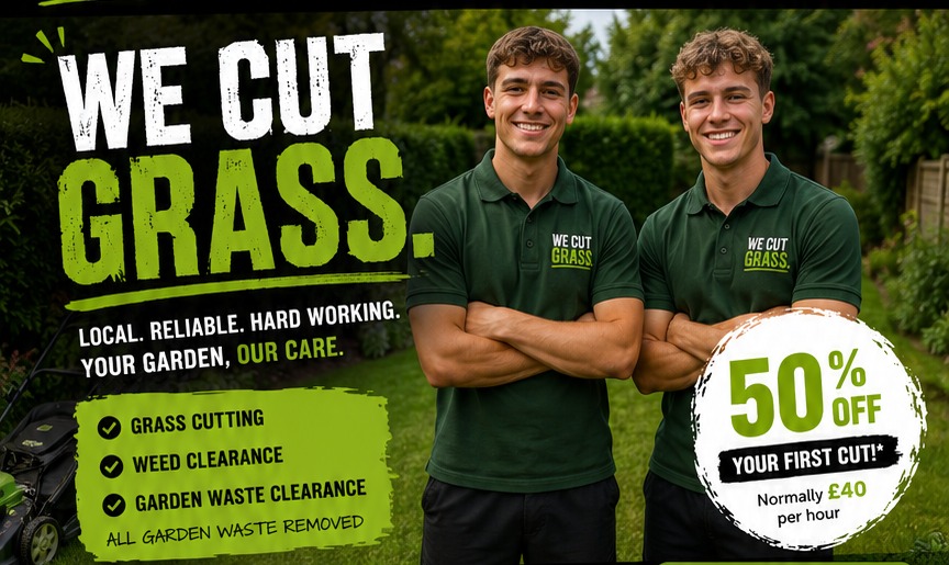 We Cut Grass — Oli and Charlie, local garden care in Brighton. Grass cutting, weed clearance and garden waste clearance. 50% off your first cut.
